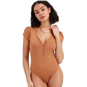 Free People Intimates Mia V-Neck Puff Sleeve Thong Bodysuit Size M